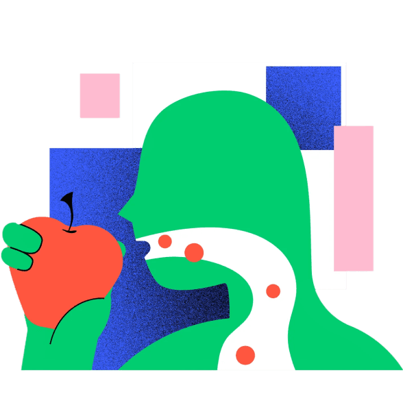 Depiction of a green silhouette eating an apple