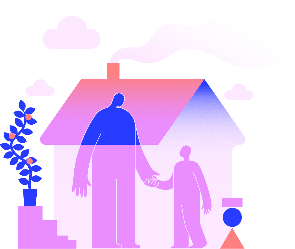 Adult and child silhouettes holding hands in front of a house