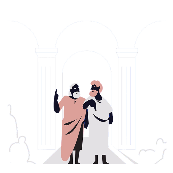 Depiction of two historical philosophers discussing