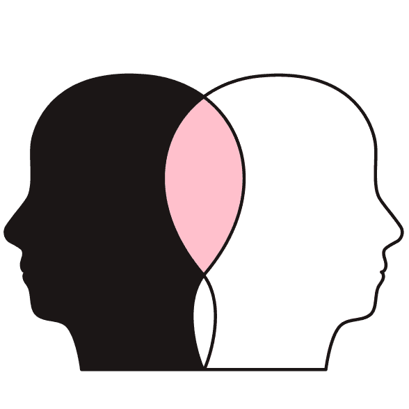 Depiction of two overlapped silhouettes of heads facing opposite directions